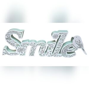Laser Cut Smile Freestanding Wood Aqua Teal Sign With Bird